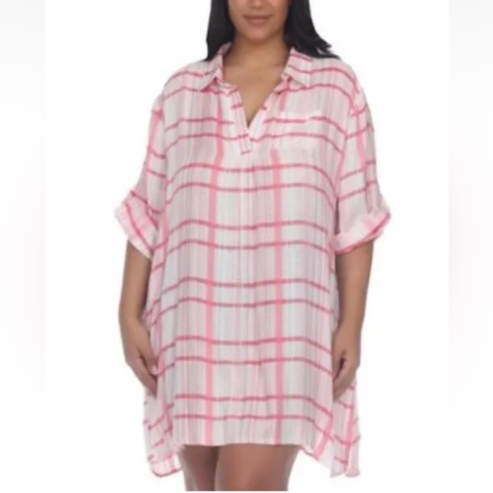 36. Raviya Coverup Shirt Dress Pink And White Plus Sizes